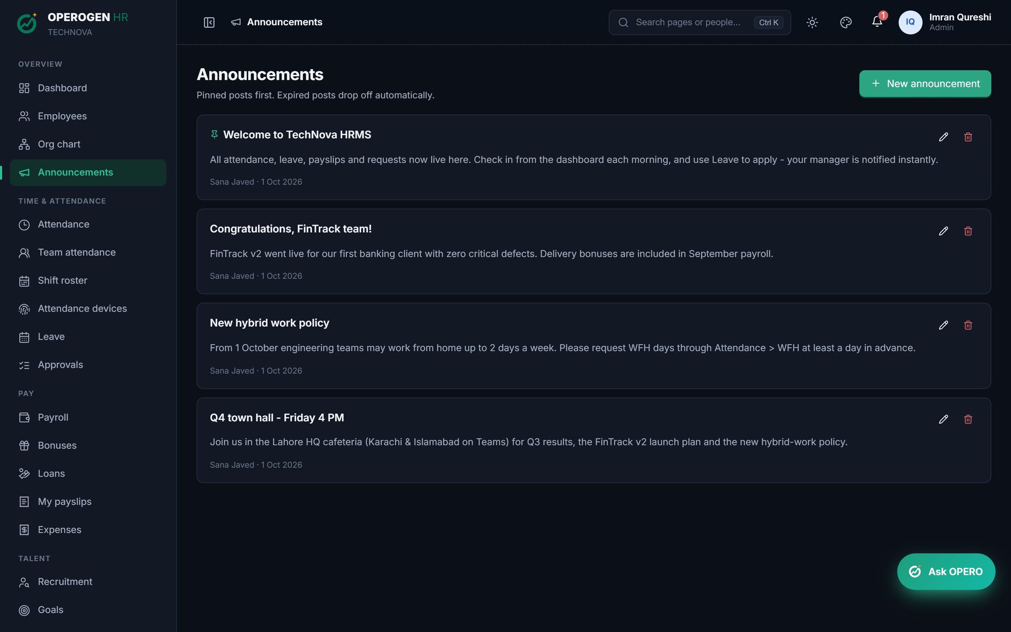 Announcements & holidays in OPEROGEN HR