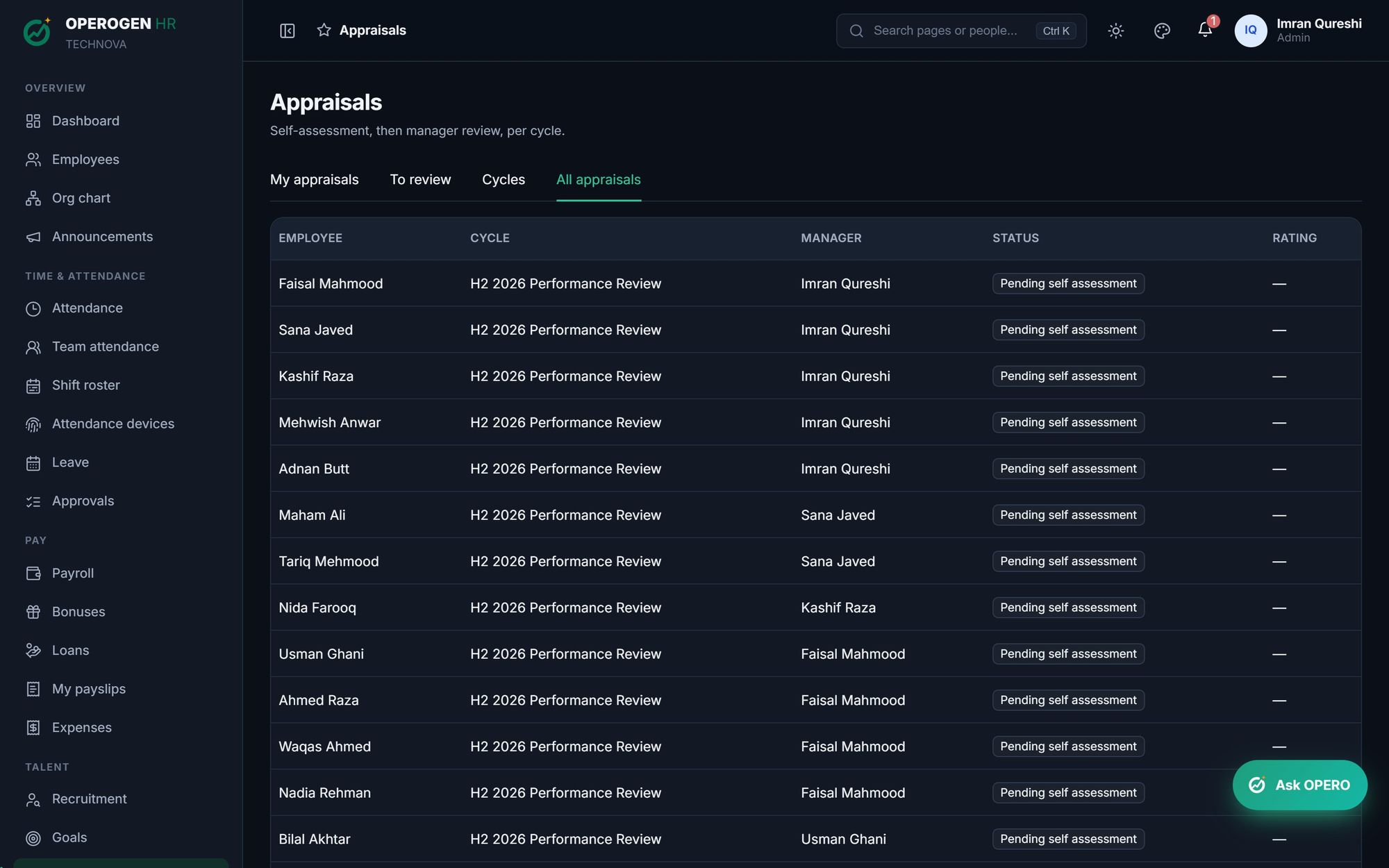 Goals & appraisals in OPEROGEN HR