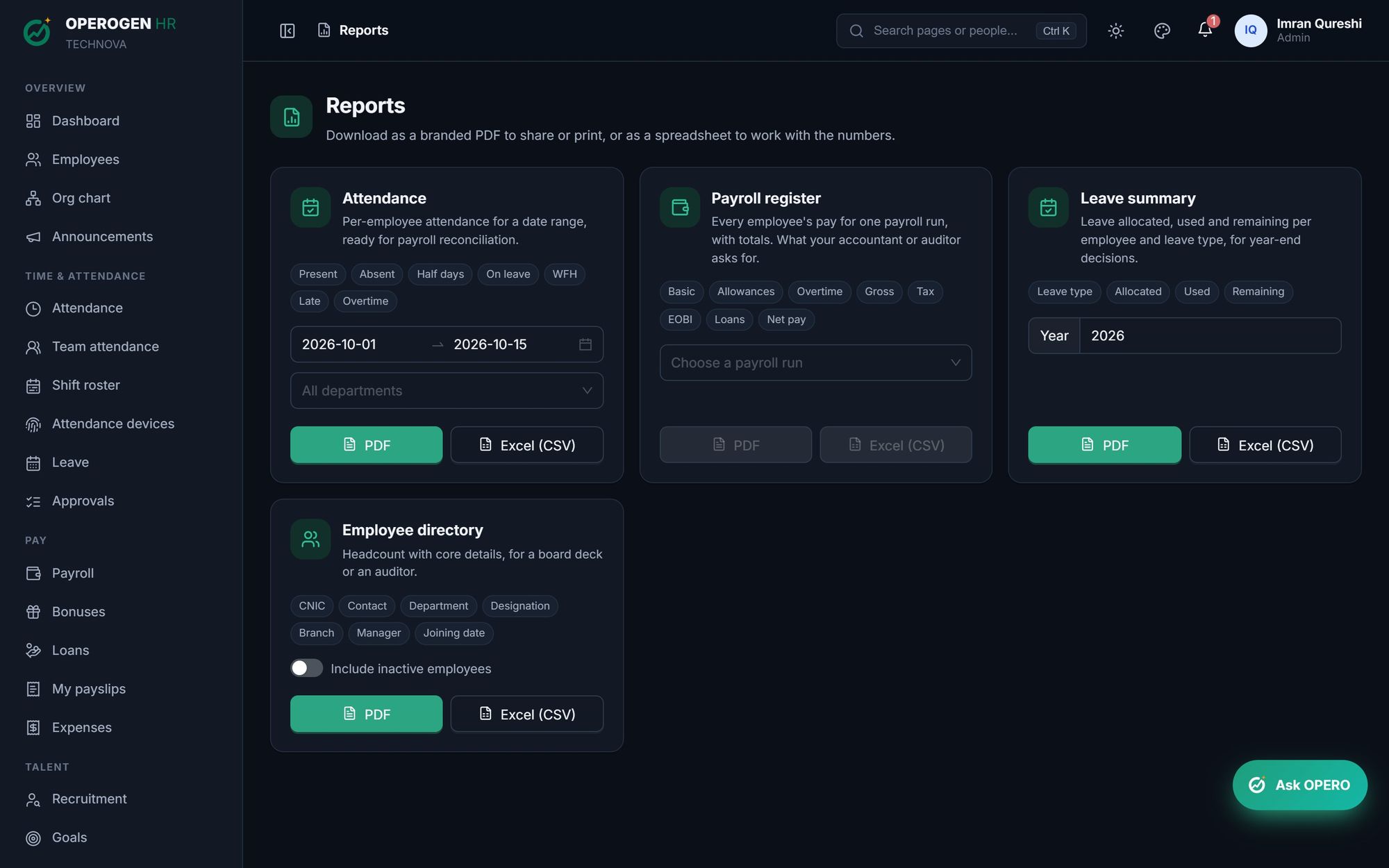 Reports in OPEROGEN HR